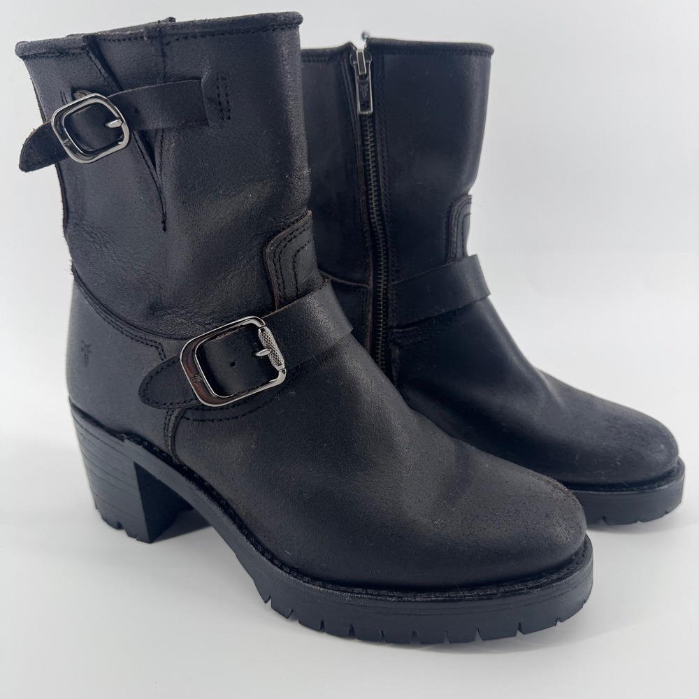 Frye Sabrina Moto Engineer Combat Boots Womens 8.5 Black Leather Buckle Lug Sole